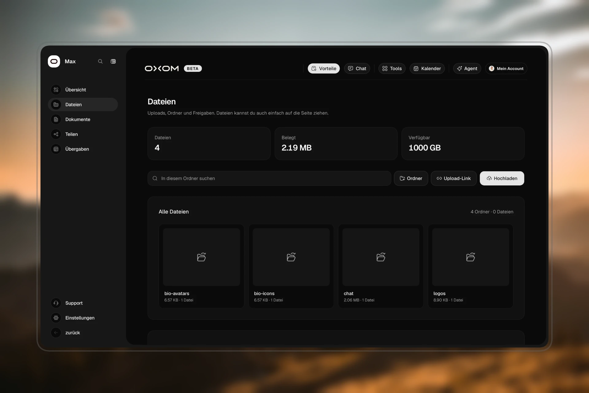 HUB: Dateien und Ordner mit Upload-Link und Speicherplatz